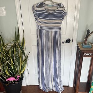 Stylish Striped Maxi Dress in Blue and Cream